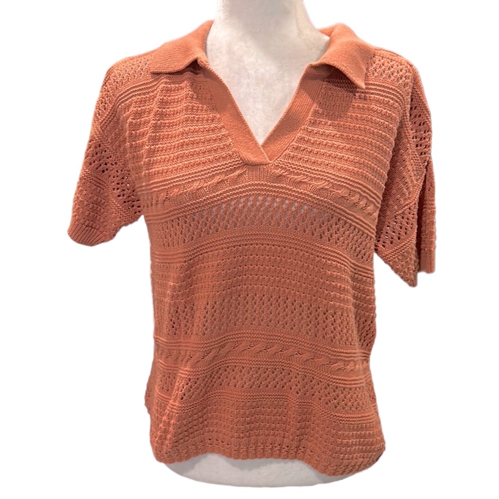 JOIE Polo Collar Open Knit Short Sleeve Salmon Sweater - M